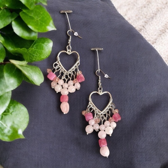 Rose Quartz and Crystals Heart Shaped Silver Toned Chandelier Earrings - Picture 8 of 17